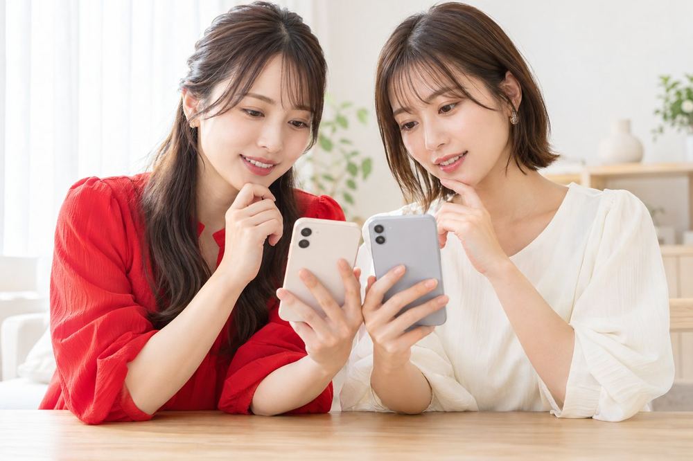 2人の20代女性がスマホを並べて、一緒に配信する画面の見え方を話し合っている
