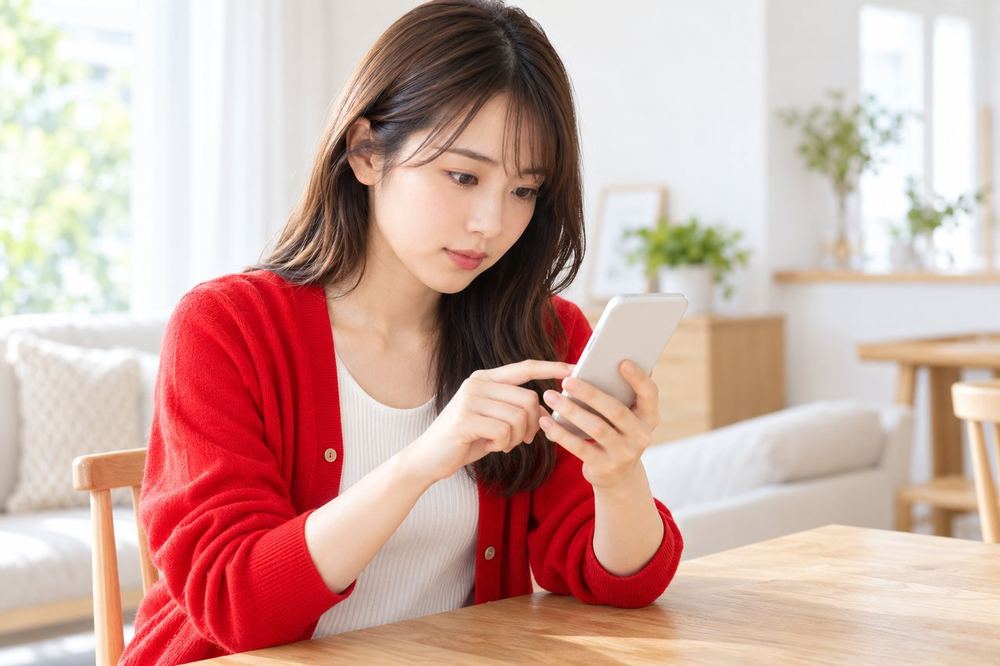 20代の女性がテーブルでスマホの設定画面を開き、コメントの設定を一つずつ確認している