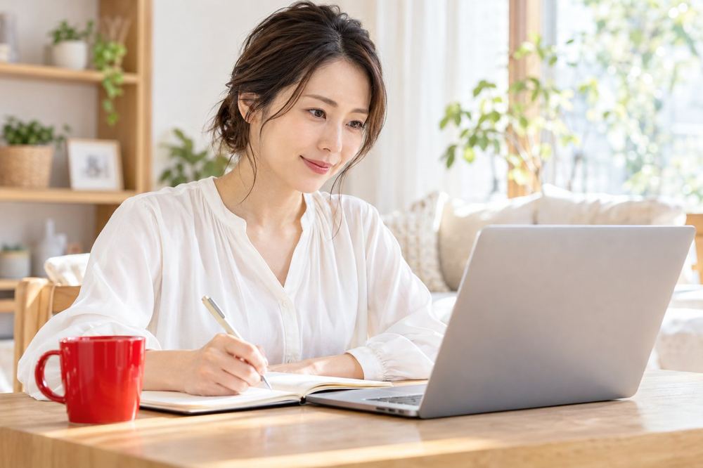 30代の女性が配信後に、パソコンでリプレイを見ながらノートにメモを取っている