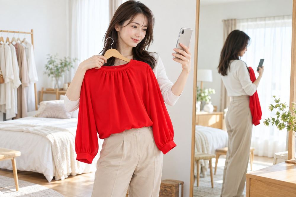 部屋の鏡の前で、女性が配信用の服を体に当てながら、スマホの画面での見え方を確かめている