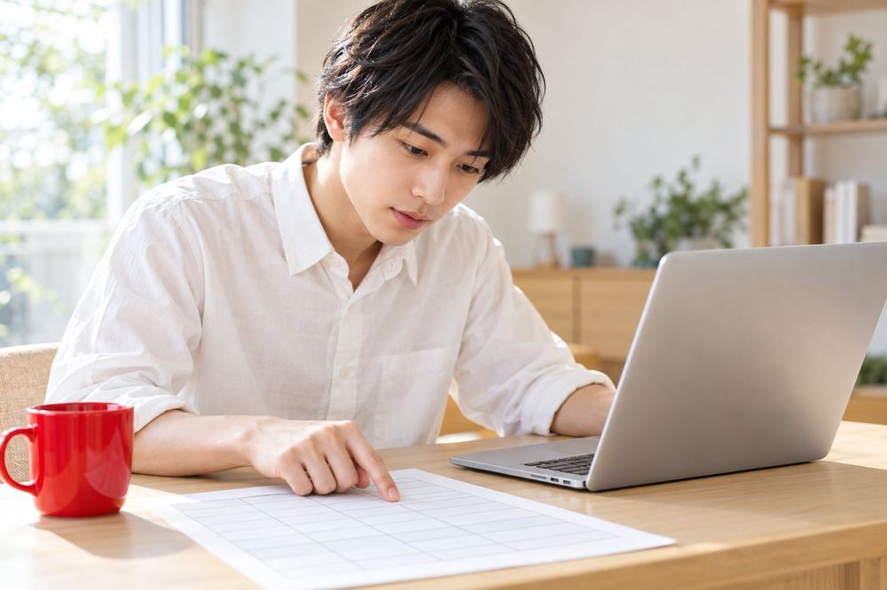 机の上でノートパソコンを開き、公式ガイドラインの表を指でなぞりながら読んでいる20代の男性