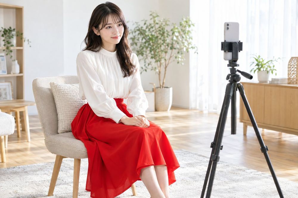 三脚に立てたスマホの画面を見ながら、座った姿勢で自分の映る範囲を確かめている20代の女性