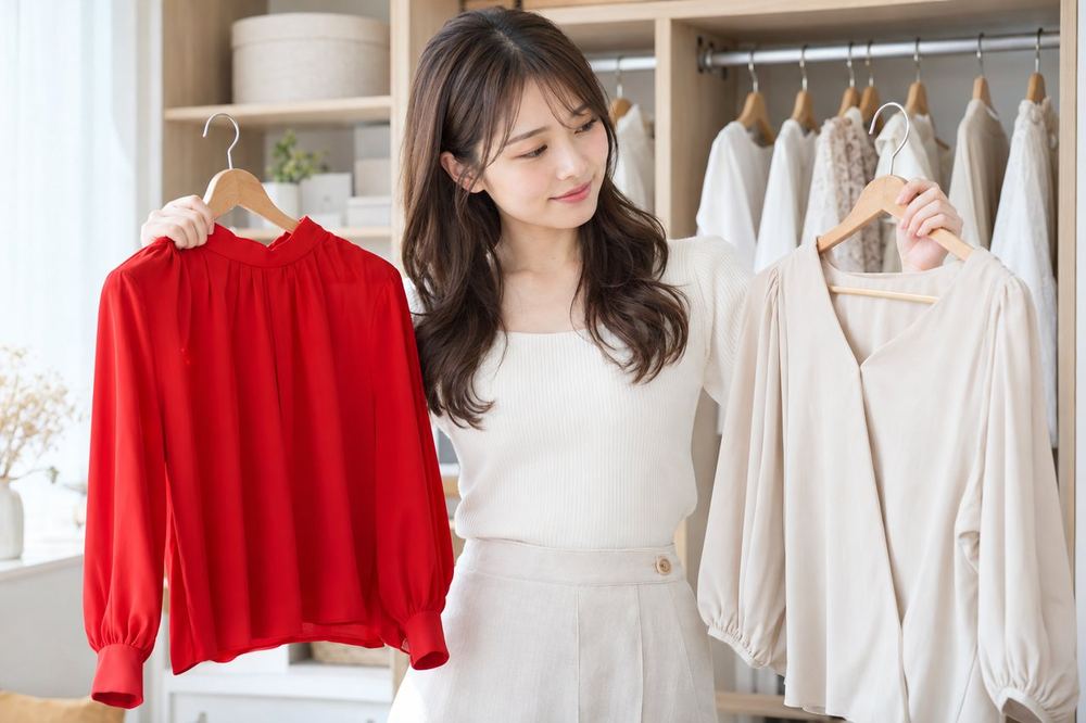 クローゼットの前で、配信に着る服をいくつか見比べて選んでいる20代の女性