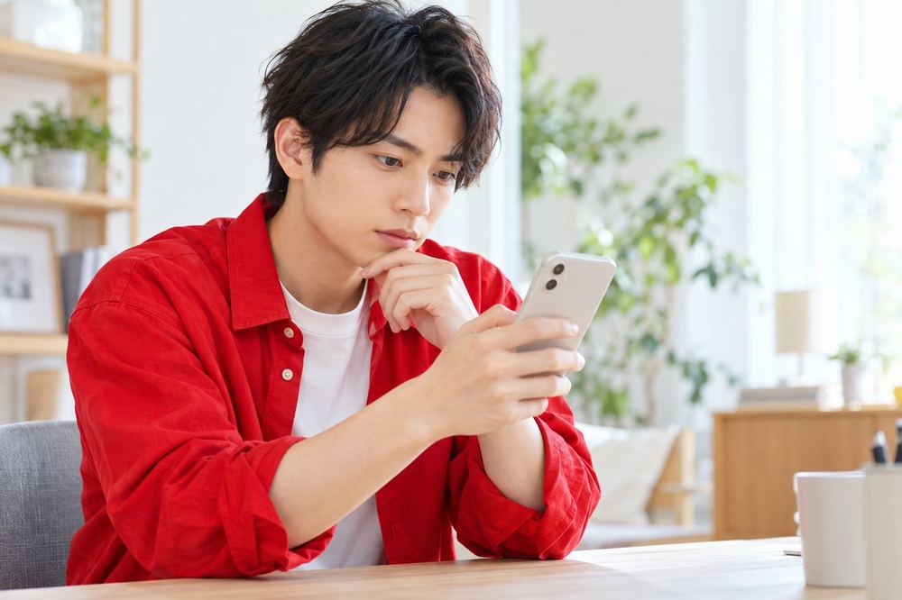 机でスマホの配信タイトルの入力画面を見ながら、言葉づかいを一つずつ確かめている20代の男性