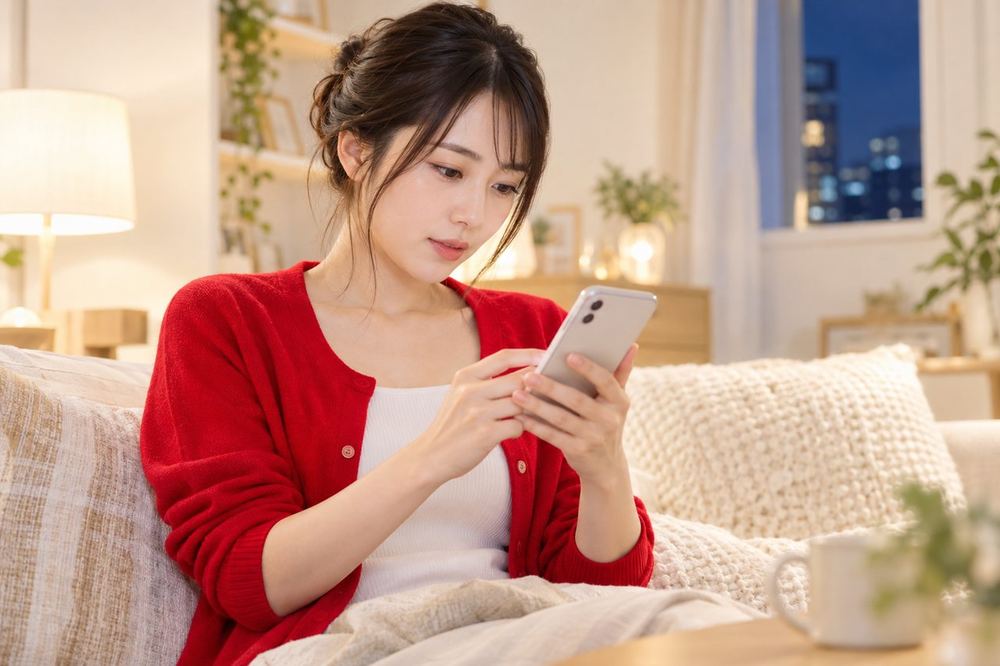 夜の部屋で、スマホのお知らせ画面を落ち着いて読んでいる20代の女性