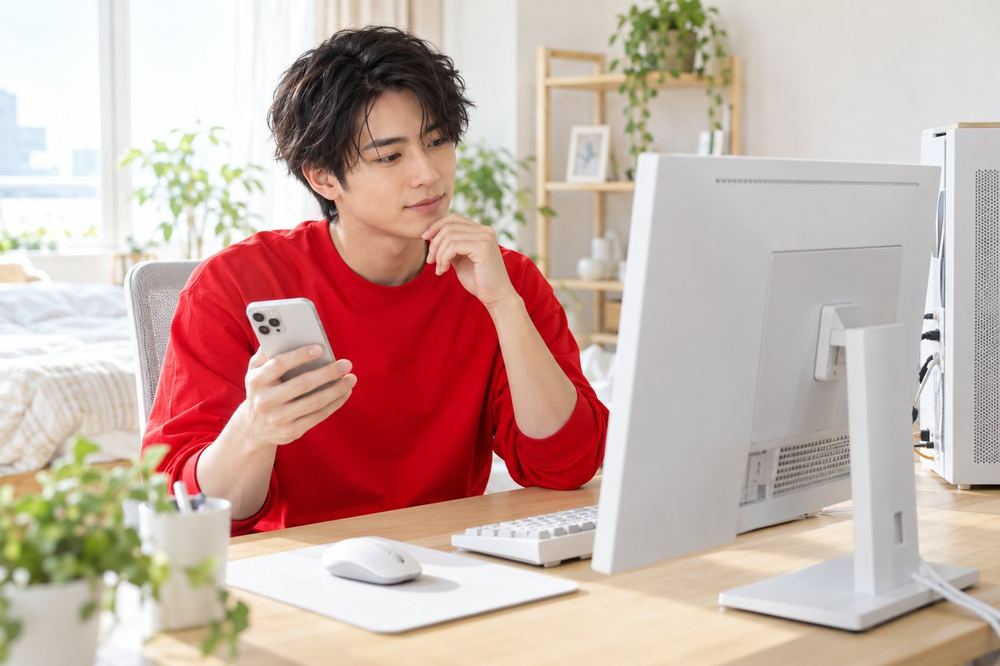 20代の男性が部屋のデスクでスマホとゲーミングパソコンを並べ、どちらで配信するか見比べている