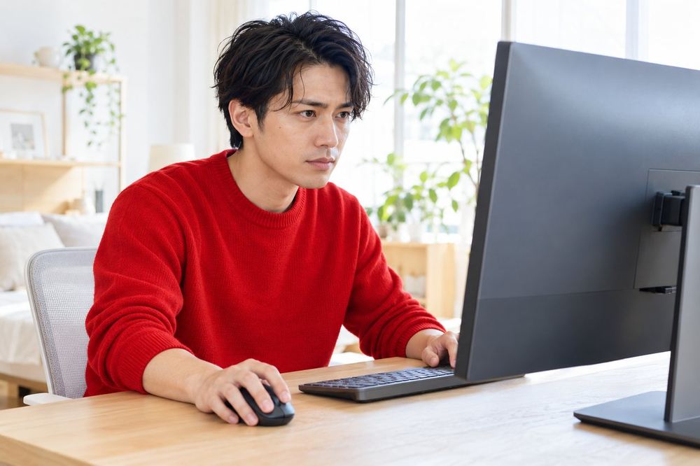 30代の男性がパソコンの前に座り、配信ソフトの画面でゲーム画面の取り込み設定を操作している