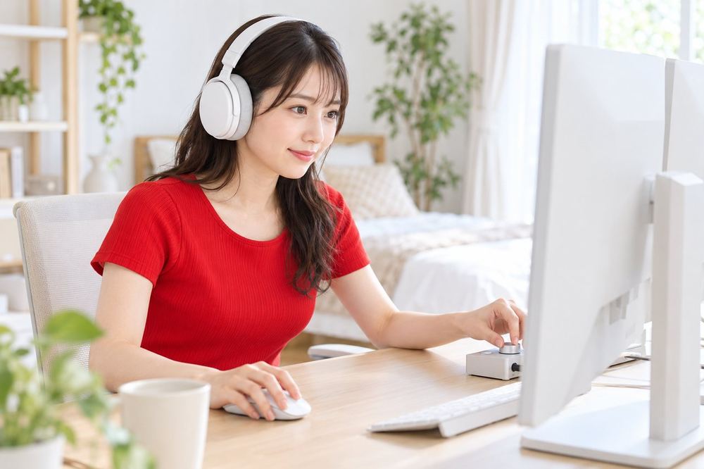 20代の女性がデスクでヘッドホンをつけ、パソコンのゲーム画面と配信ツールの音量を確認している