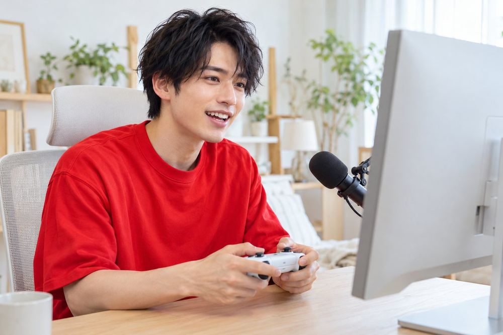 20代の男性がゲーム画面の前で、コメントに笑顔で答えながら遊んでいる
