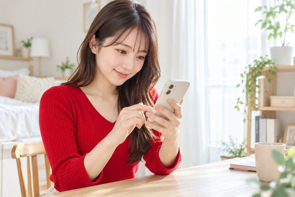 20代の女性が部屋のデスクでスマホを手にして、LINEで担当者に配信の相談をしている