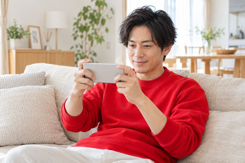30代の男性がソファでスマホを横向きに持ち、ゲームを遊びながら配信の準備画面を見ている