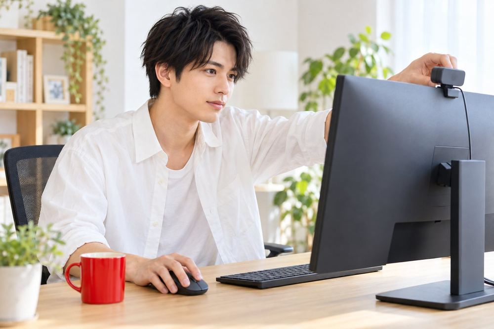 20代の男性がパソコンの前に座り、配信ソフトの画面を見ながらカメラとゲーム画面の位置を調整している