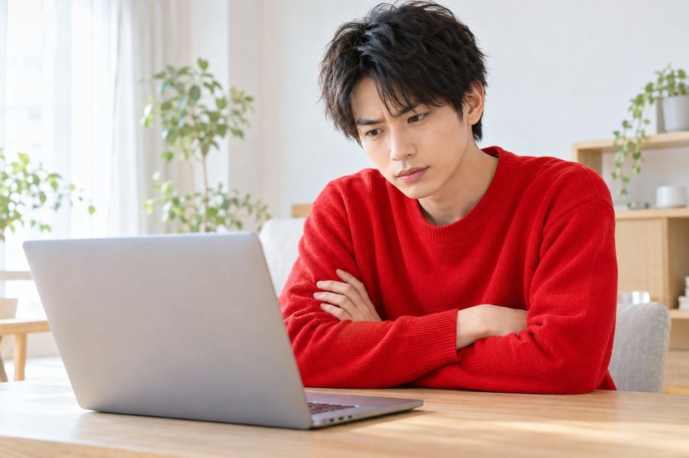 20代の男性がノートパソコンの前で腕を組み、配信ツールのプレビューが真っ黒な理由を考えている