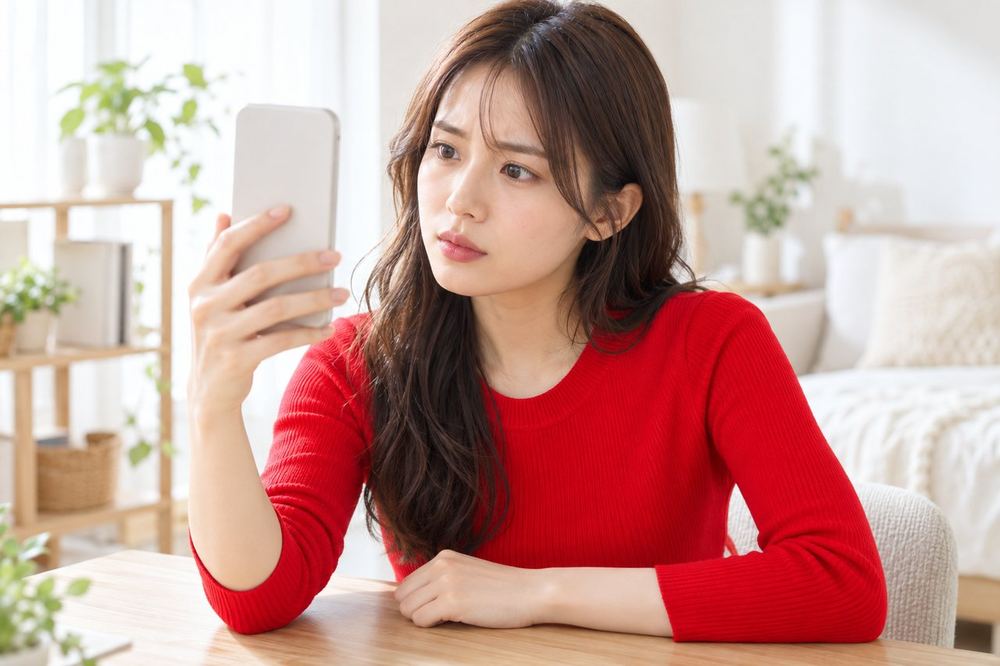 20代の女性が部屋の机でスマホを顔の前に構え、画面に映る自分の映像のぼやけを見比べている