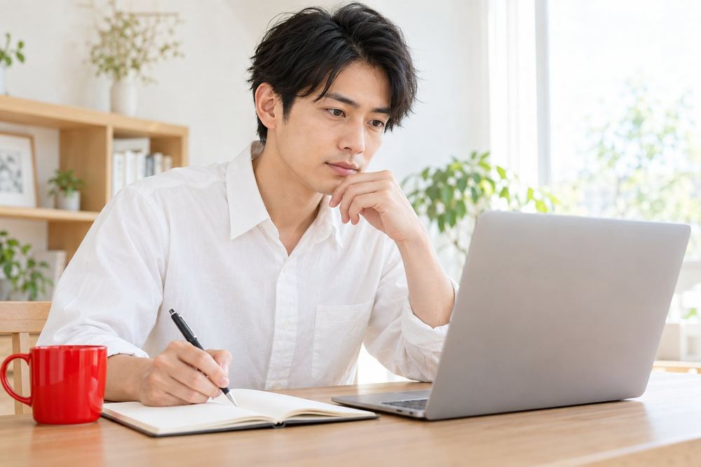 30代の男性がパソコンの前でTikTokの公式ページを開き、確かめた内容をノートに書き留めている