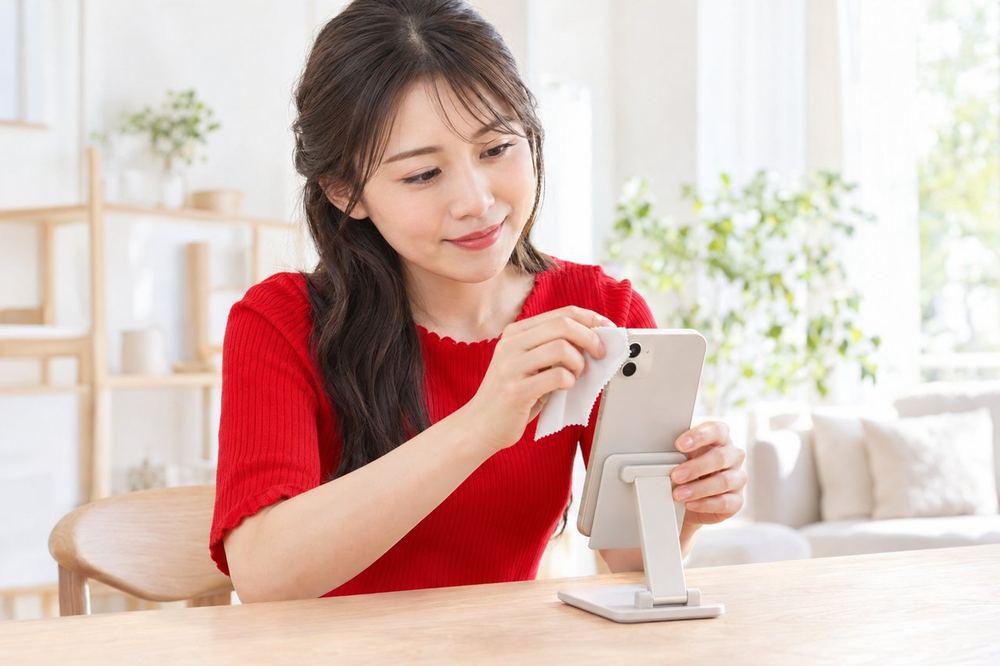20代の女性がやわらかい布でスマホのレンズを丁寧に拭いてから、撮影の位置に立てかけている