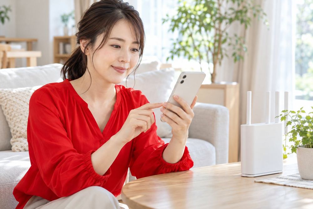 30代の女性が部屋の中でWi-Fiルーターの近くに座り、スマホの通信の表示を確かめている