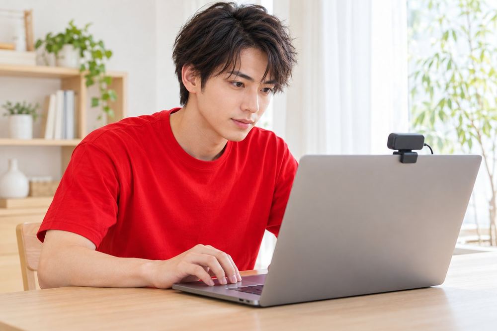 20代の男性がデスクのノートパソコンとウェブカメラを前に、配信ソフトの画面を見ながら設定を確かめている