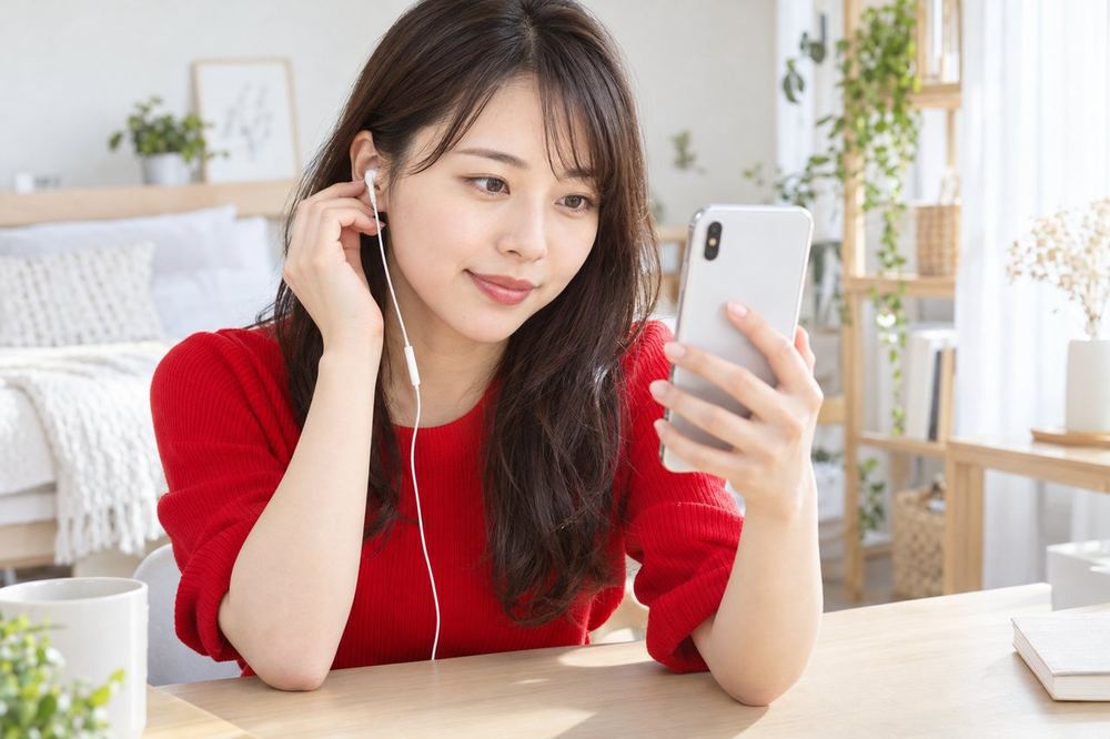 20代の女性が配信を終えたあと、スマホでリプレイを再生して、映像の明るさと音を確かめている
