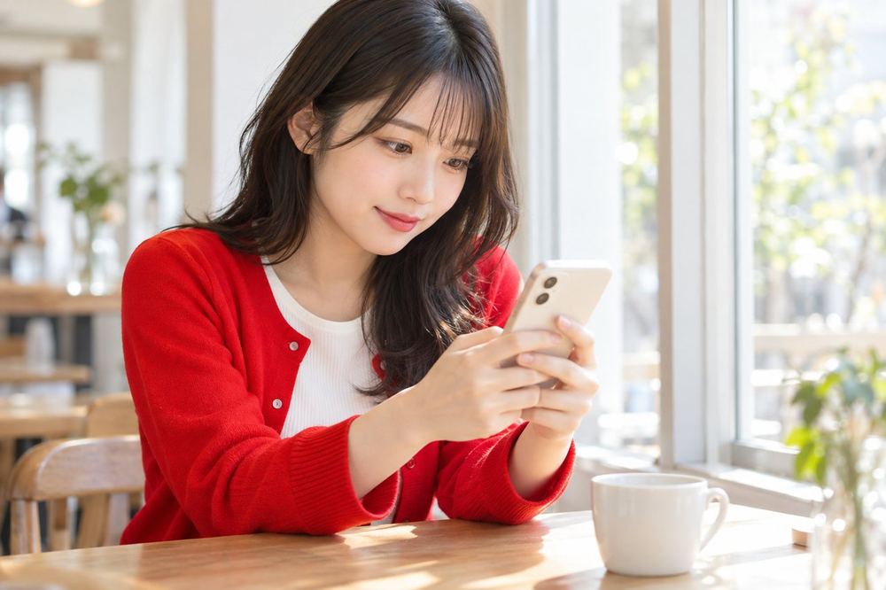 20代の女性がカフェの窓際の席で、スマホの画面を見ながら配信のことを誰かにメッセージで相談している