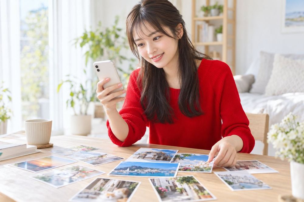 20代の女性が部屋のテーブルでスマホを見ながら、お気に入りの写真を並べて配信の準備をしている