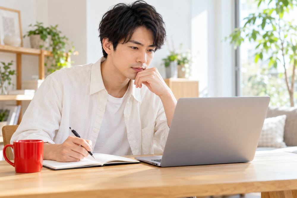 30代の男性がノートパソコンで公式のヘルプページを開き、メモを取りながら条件を確かめている