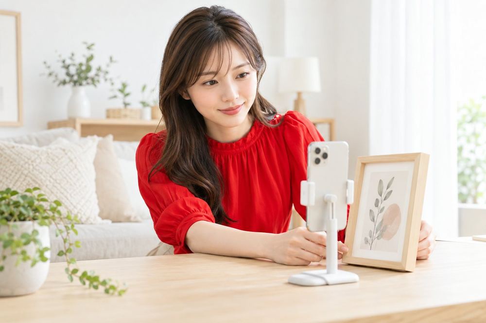 20代の女性がスマホを小さなスタンドに立て、前に置いた絵の額を画面に映しながら位置を調整している