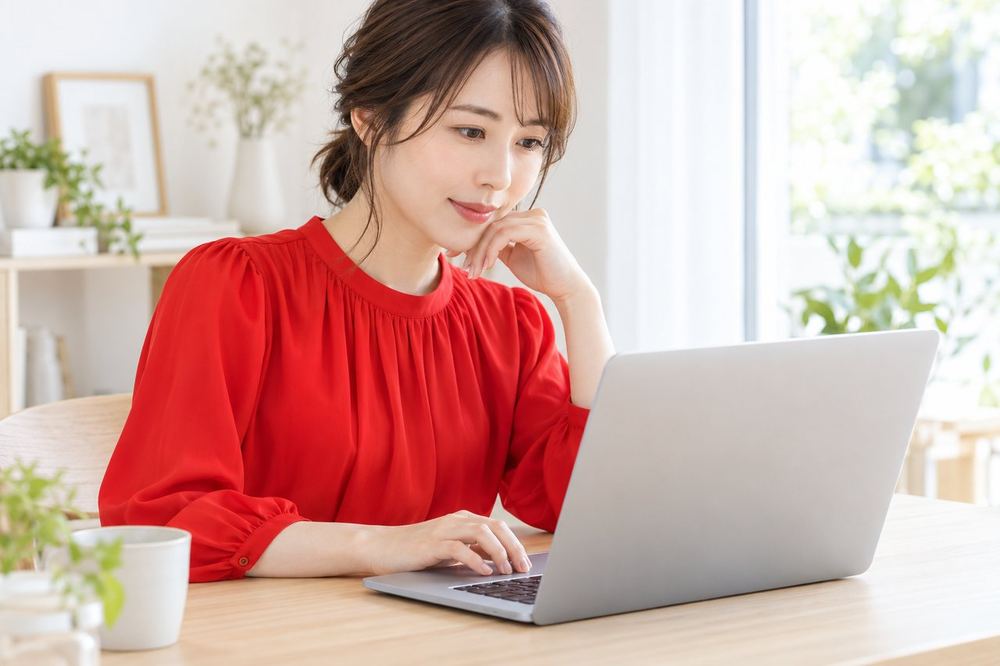 30代の女性がデスクで、配信に使う写真のデータを一枚ずつ見返し、使ってよいものを選んでいる