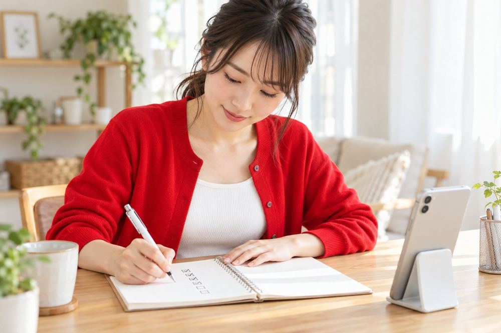 20代の女性がスマホとメモ帳を並べて机に座り、配信前の確認項目に一つずつ印をつけている