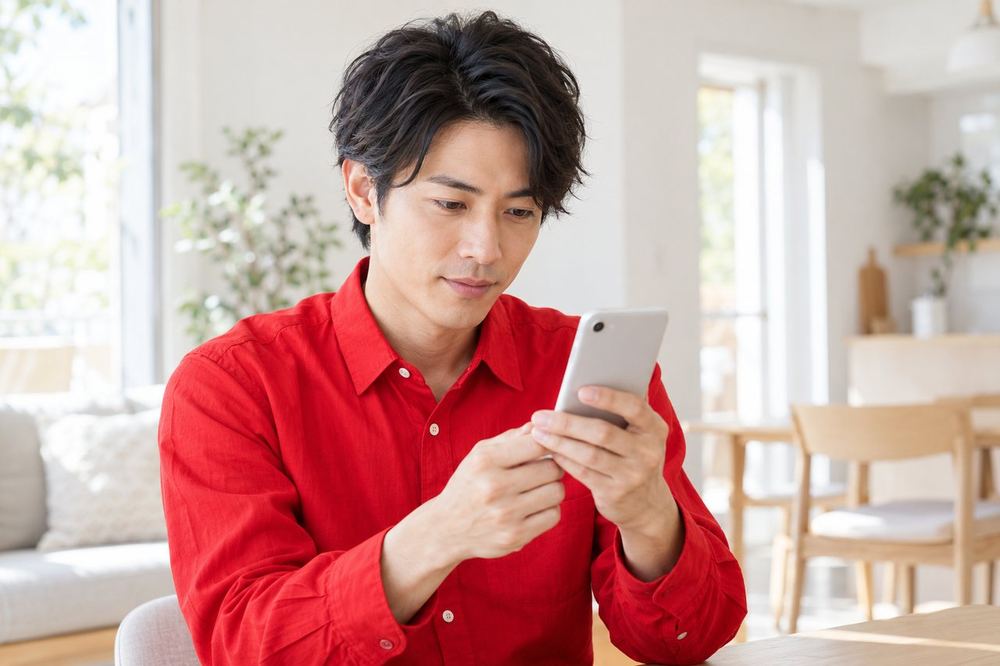 30代の男性がスマホを両手で持ち、画面を見ながら秒数を数えるように指を折っている