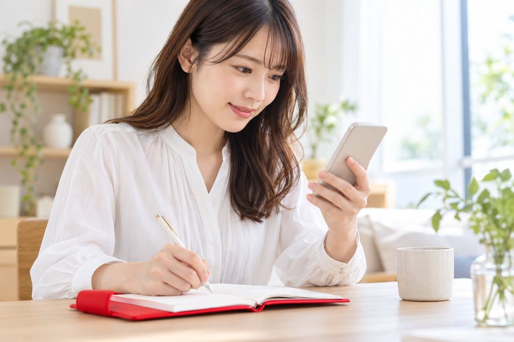20代の女性が机でスマホを見ながら、もらったアイテムの有効期限を手帳に書き留めている