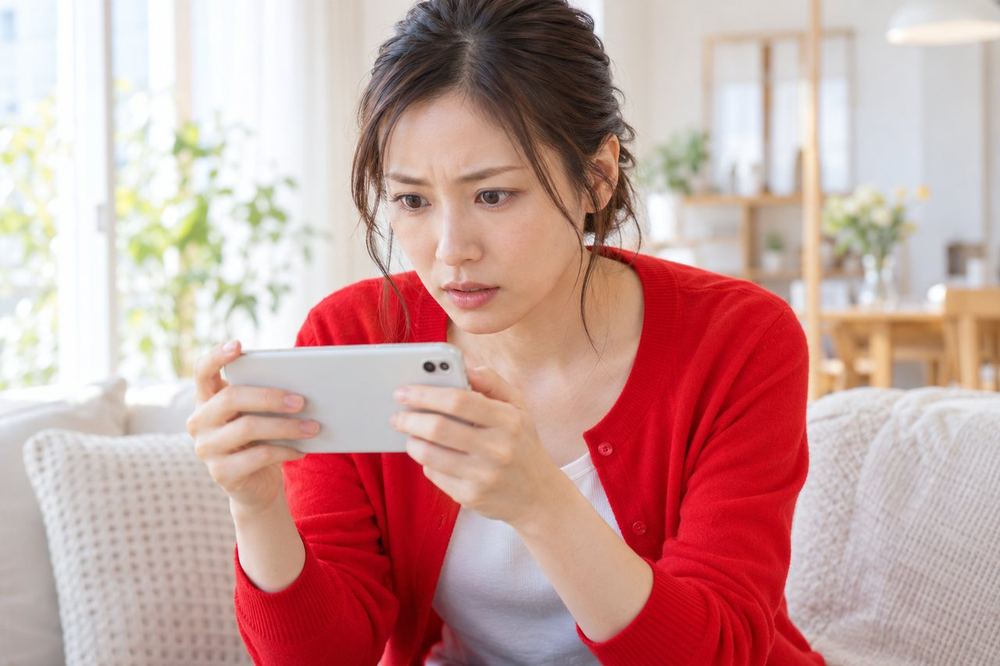 30代の女性がスマホを見ながら、残り時間を気にして真剣な表情でバトルを応援している