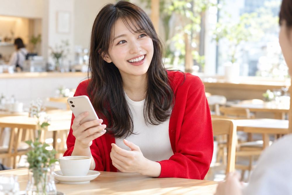 20代の女性がカフェの席でスマホを手に、笑顔で誰かと話している