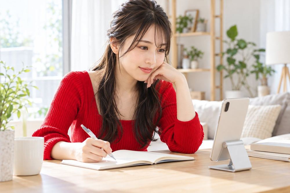 スマホの配信画面を見ながら、画面に出す目標をノートに書いて考えている20代の女性