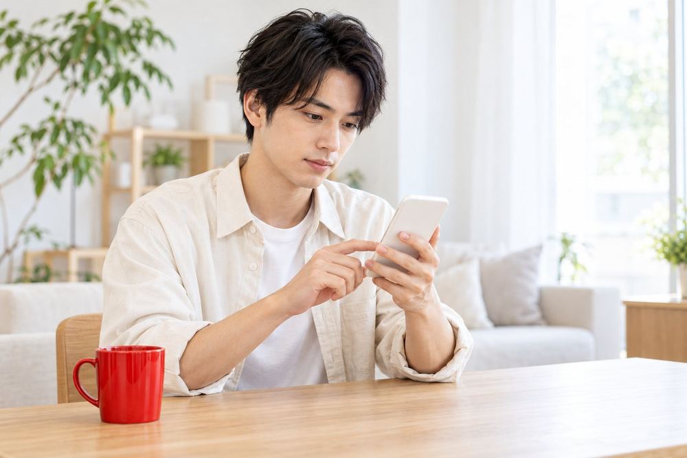 スマホを手に、配信前の設定画面を一つずつ確かめている20代の男性
