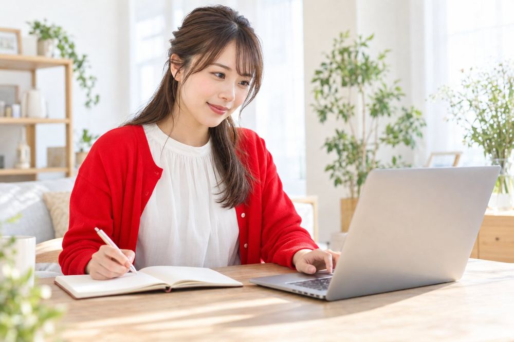 机でノートパソコンを開き、前回の配信の記録を見ながら次の配信の目標を考えている20代の女性