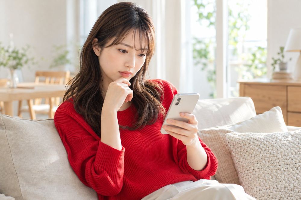 ソファに座って、スマホの公式ガイドラインのページを真剣な表情で読んでいる20代の女性