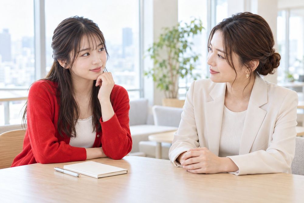 明るい打ち合わせスペースで、配信の目標の立て方をマネージャーに相談している20代の女性