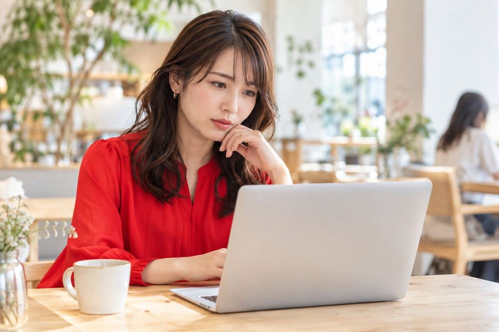 女性がカフェでノートパソコンを開き、収益の数字を調べながら首をかしげて考えている