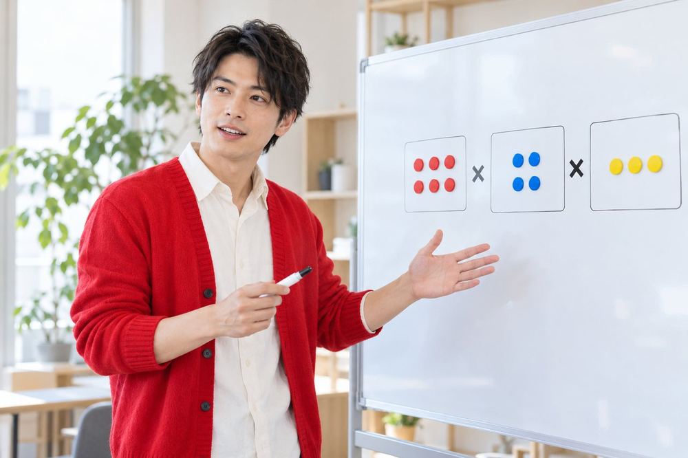 男性がホワイトボードの前で、配信の数字を掛け算の式にして説明している