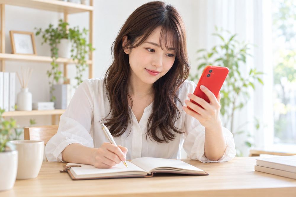 女性が机でスマホの画面を見ながら、手帳に配信ごとの数字を書き写している