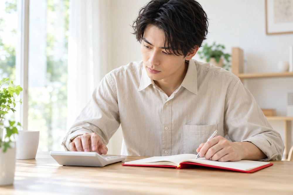 男性が机で電卓とノートを使い、一か月分の記録から時間あたりの数字を計算している