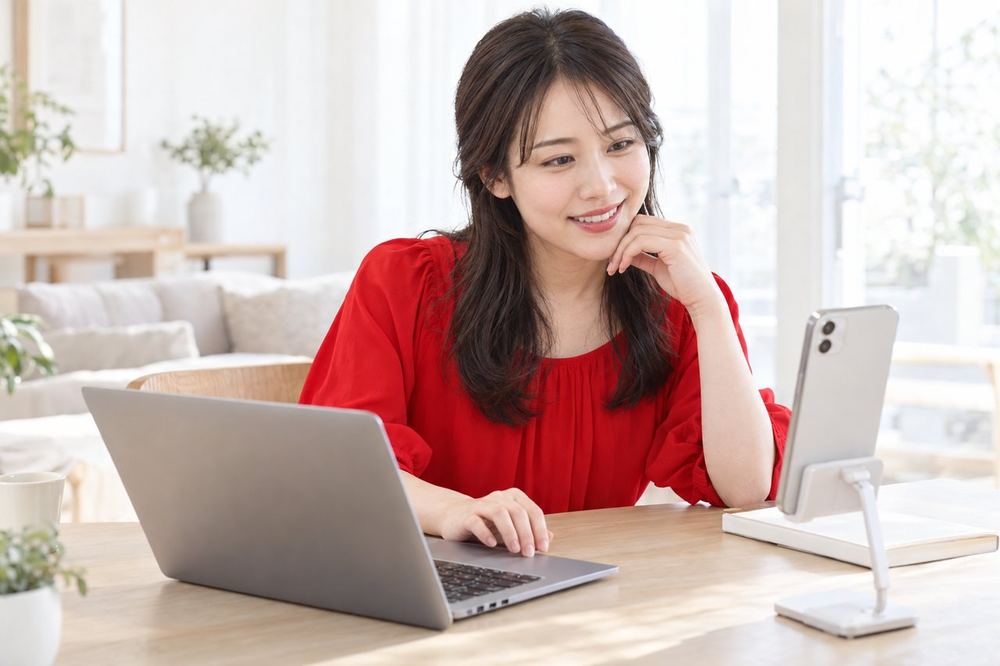 女性がスマホの画面越しにマネージャーと、自分の配信の記録を見ながら話している