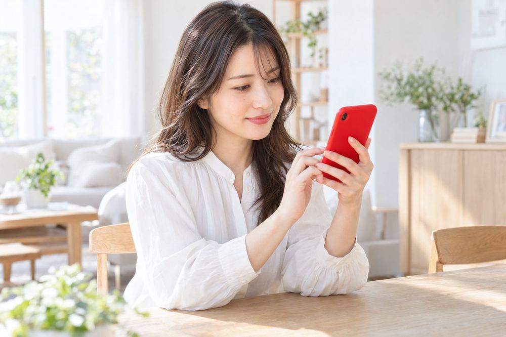 女性が明るい部屋で、スマホのタイマーを見ながら、配信の長さを考えている