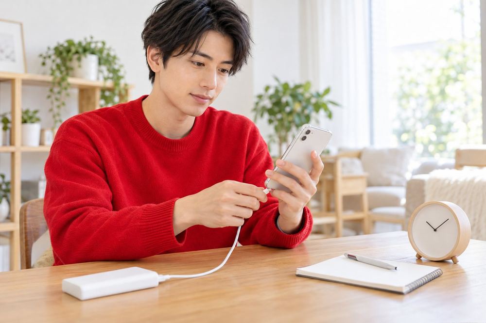 男性がテーブルでスマホを充電器につなぎ、時計とメモを並べて、長めの配信の準備をしている