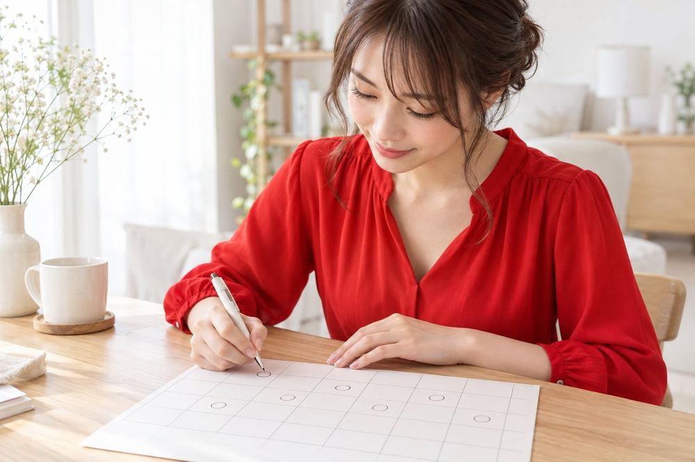 女性が机の上のカレンダーの日付に、配信した日の印を一つずつ付けている