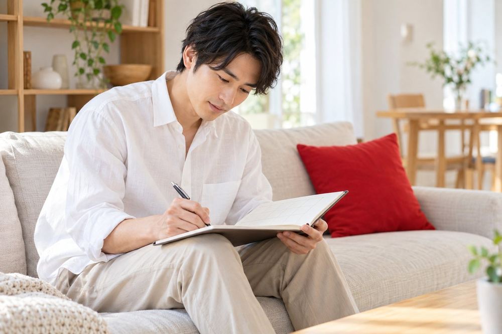 男性がソファでノートに、一週間の配信の時間割を書き込んでいる