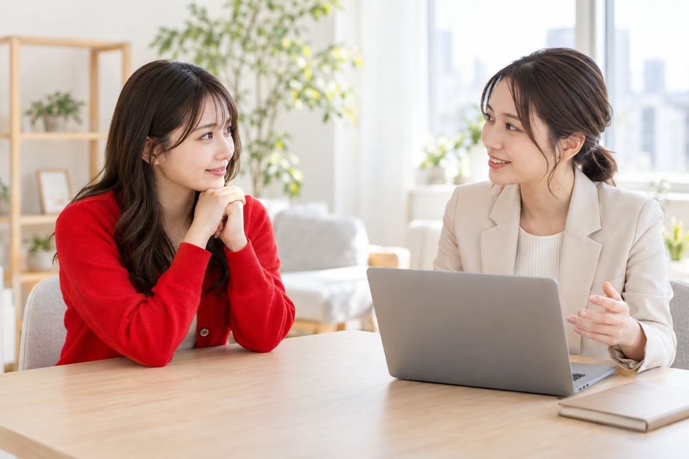 女性が明るい部屋で、マネージャー役の人と向かい合い、配信の時間について相談している