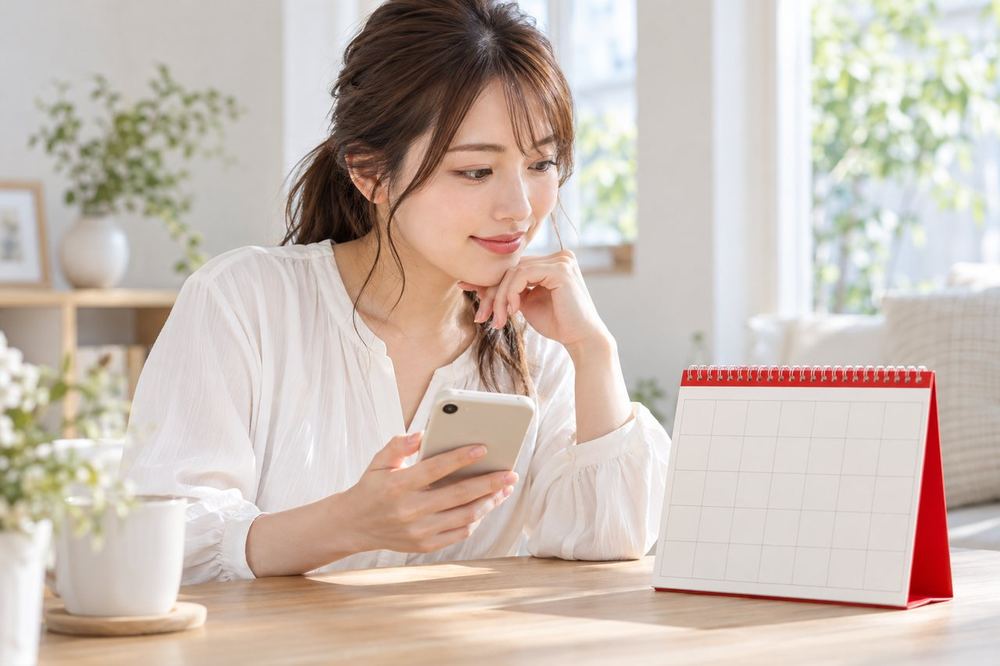 女性が昼下がりの明るい部屋で、スマホとカレンダーを見比べながら配信の予定を考えている
