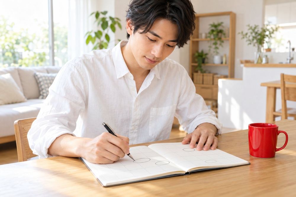 男性がダイニングで一日の予定表を広げ、配信できそうな時間にペンで印をつけている